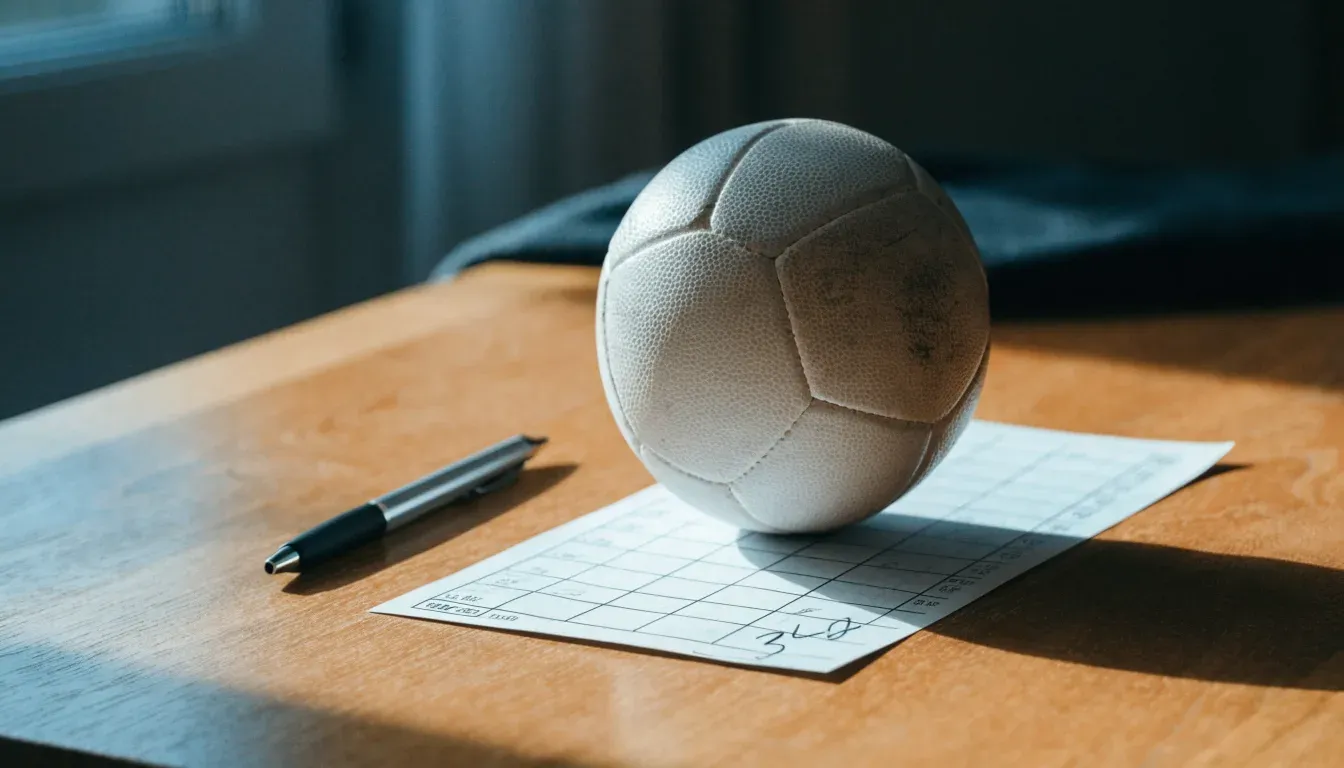 Un pallone da calcio appoggiato su una schedina bianca su un tavolo di legno, alla luce del giorno