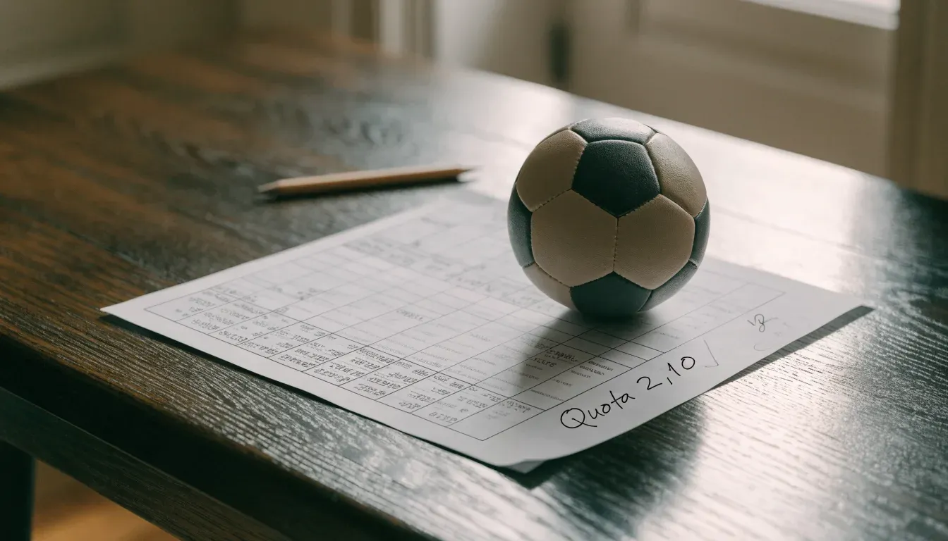 Un pallone da calcio appoggiato su una schedina bianca su un tavolo di legno, alla luce del giorno