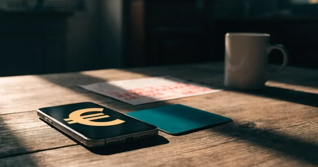 Uno smartphone e una carta di pagamento affiancati su un tavolo di legno, con alcune banconote da euro accanto