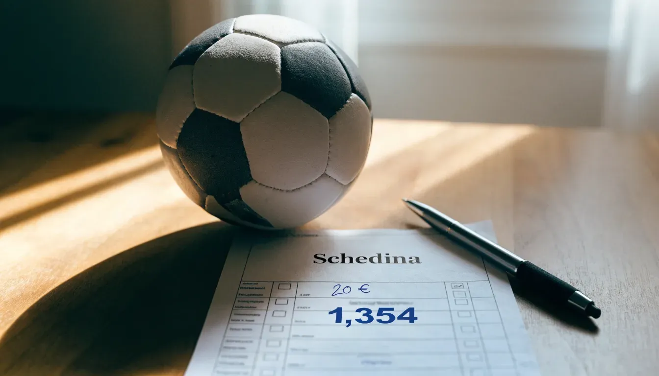 Un pallone da calcio appoggiato su una schedina bianca su un tavolo di legno, alla luce del giorno
