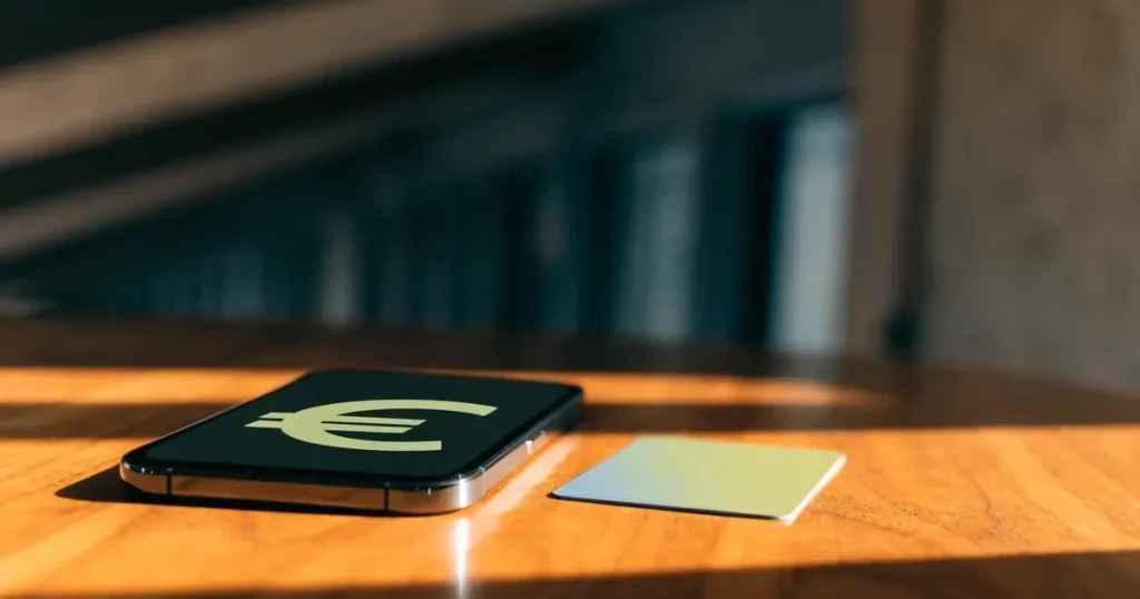 Uno smartphone e una carta di pagamento affiancati su un tavolo di legno, con alcune banconote da euro accanto