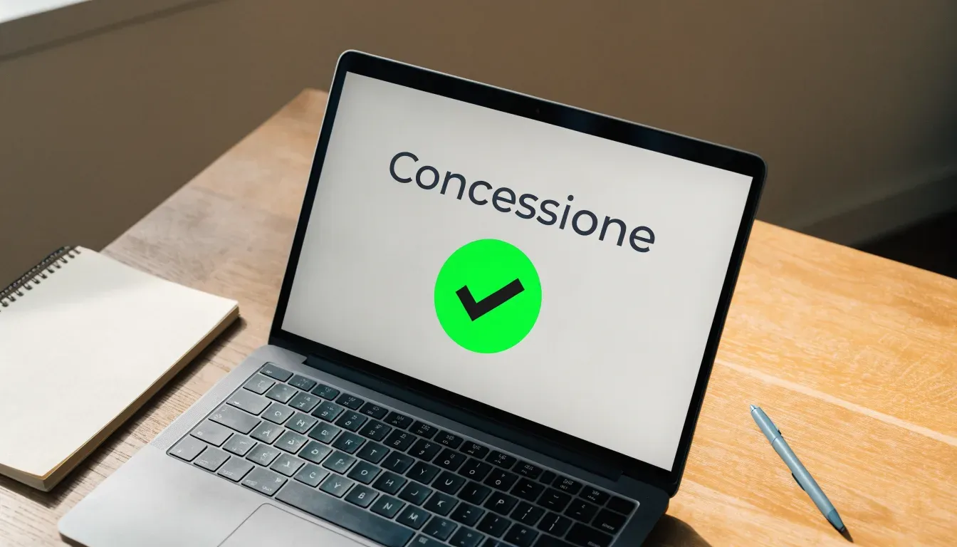 Un foglio di concessione in carta con un timbro rosso, appoggiato su una scrivania di legno accanto a una penna