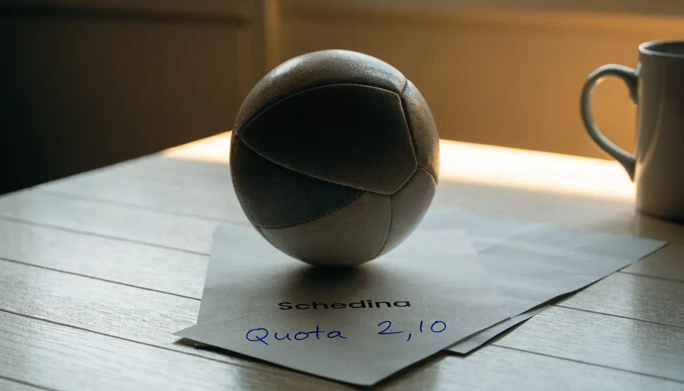 Un pallone da calcio appoggiato su una schedina bianca su un tavolo di legno, alla luce del giorno