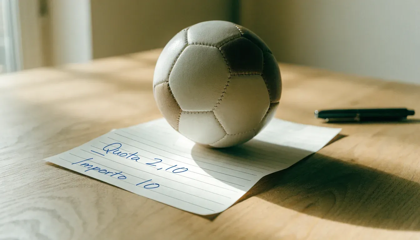 Un pallone da calcio appoggiato su una schedina bianca su un tavolo di legno, alla luce del giorno