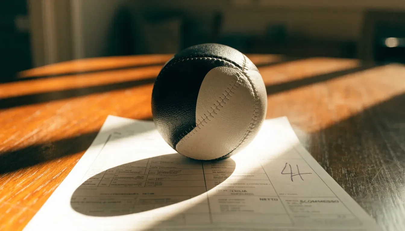 Un pallone da calcio appoggiato su una schedina bianca su un tavolo di legno, alla luce del giorno
