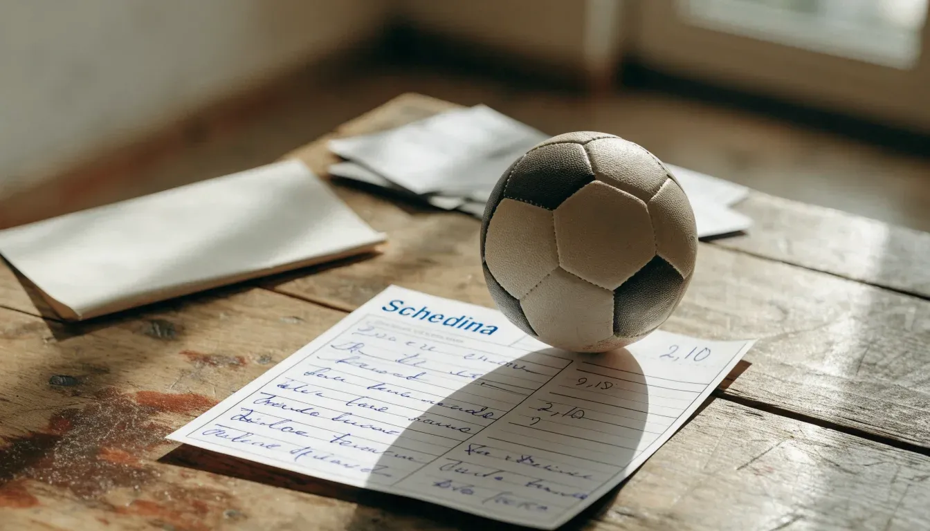 Un pallone da calcio appoggiato su una schedina bianca su un tavolo di legno, alla luce del giorno