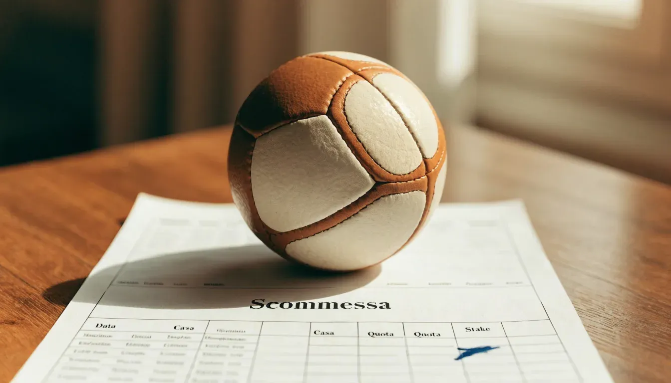 Un pallone da calcio appoggiato su una schedina bianca su un tavolo di legno, alla luce del giorno