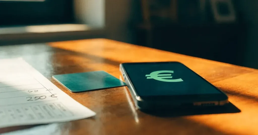 Uno smartphone e una carta di pagamento affiancati su un tavolo di legno, con alcune banconote da euro accanto