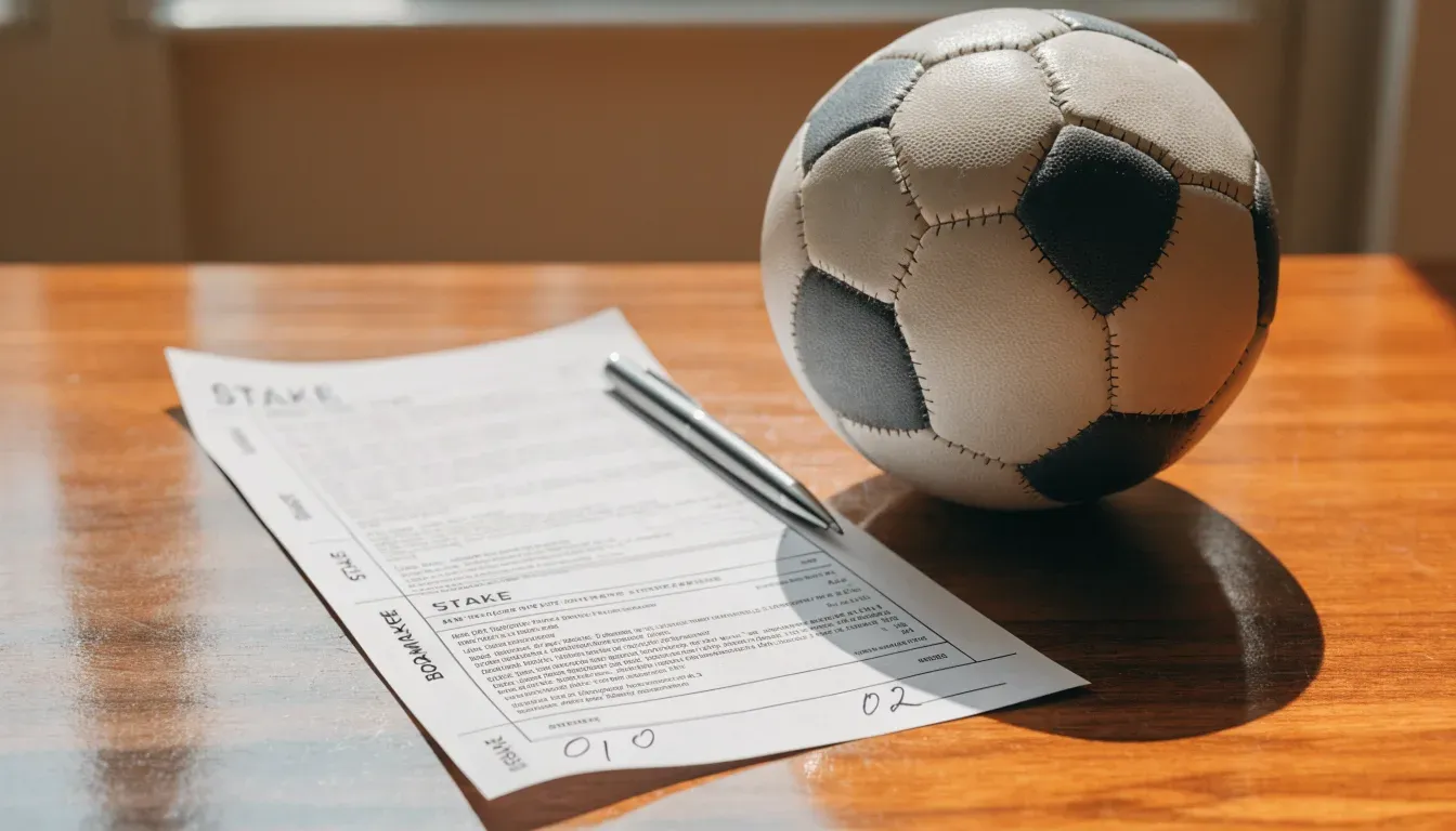 Un pallone da calcio appoggiato su una schedina bianca su un tavolo di legno, alla luce del giorno