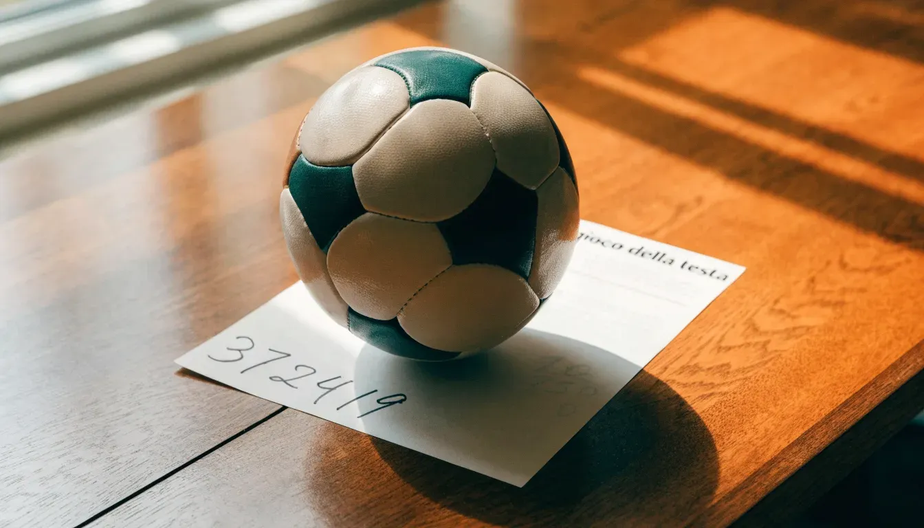Un pallone da calcio appoggiato su una schedina bianca su un tavolo di legno, alla luce del giorno