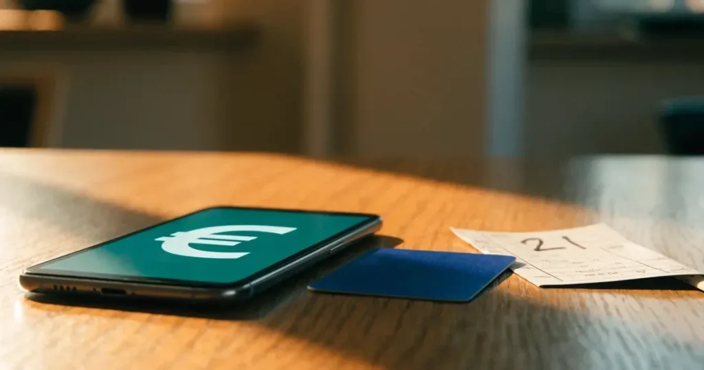 Uno smartphone e una carta di pagamento affiancati su un tavolo di legno, con alcune banconote da euro accanto