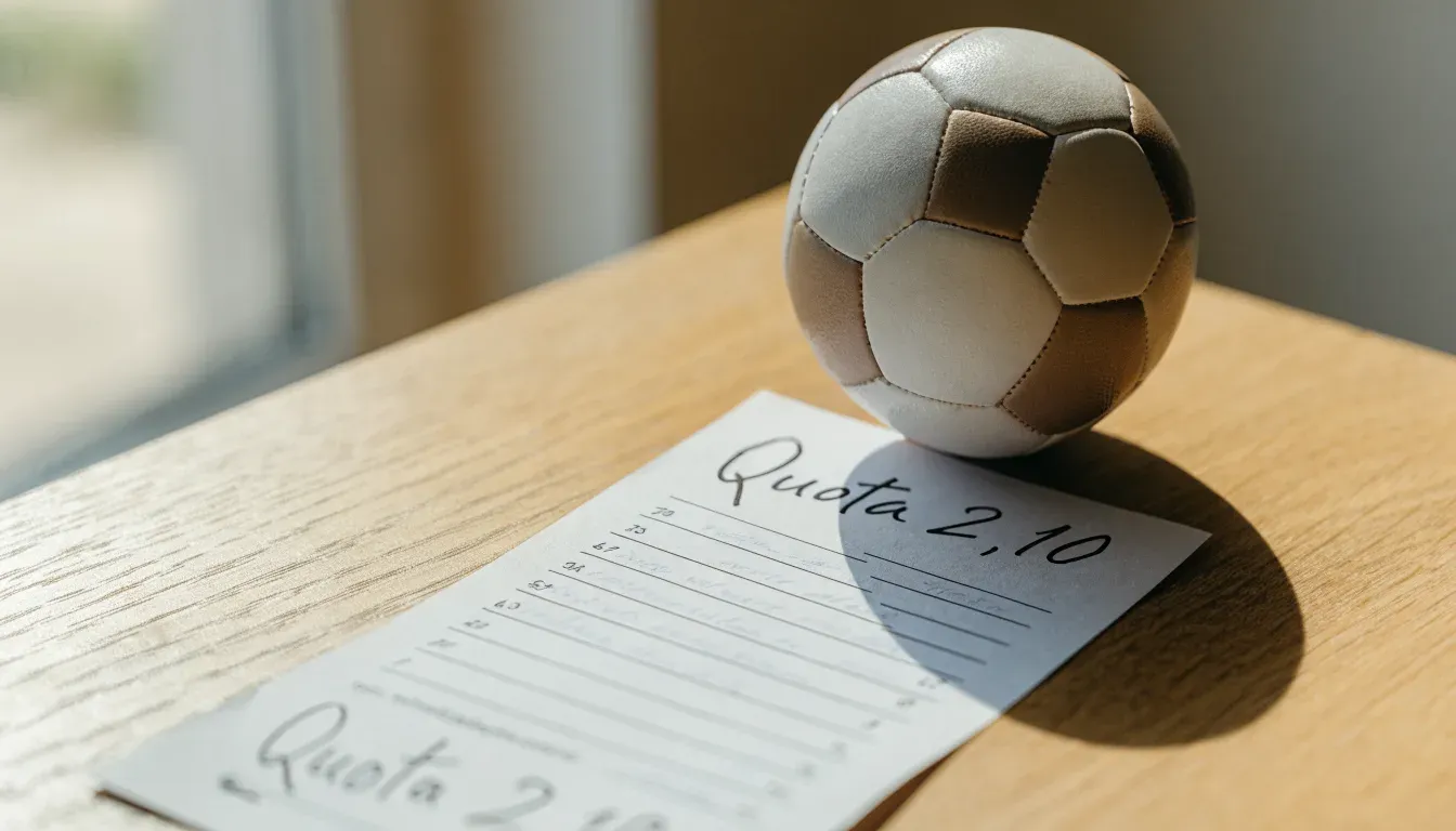 Un pallone da calcio appoggiato su una schedina bianca su un tavolo di legno, alla luce del giorno