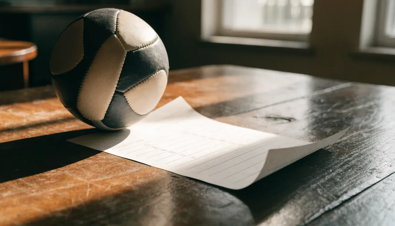 Un pallone da calcio appoggiato su una schedina bianca su un tavolo di legno, alla luce del giorno