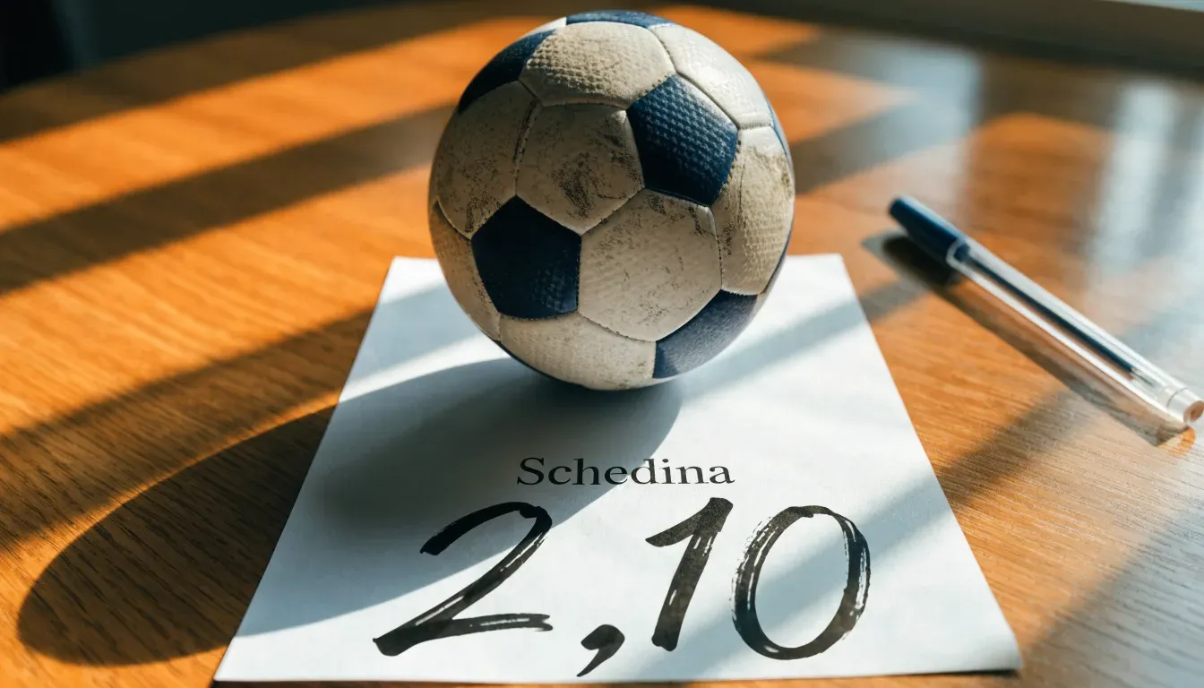 Un pallone da calcio appoggiato su una schedina bianca su un tavolo di legno, alla luce del giorno
