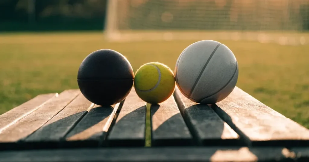 Tre palloni di sport diversi allineati uno accanto all'altro su una panca di legno