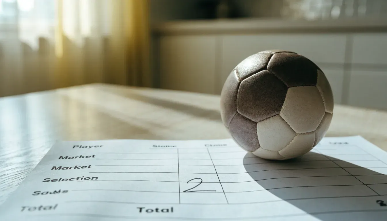 Un pallone da calcio appoggiato su una schedina bianca su un tavolo di legno, alla luce del giorno