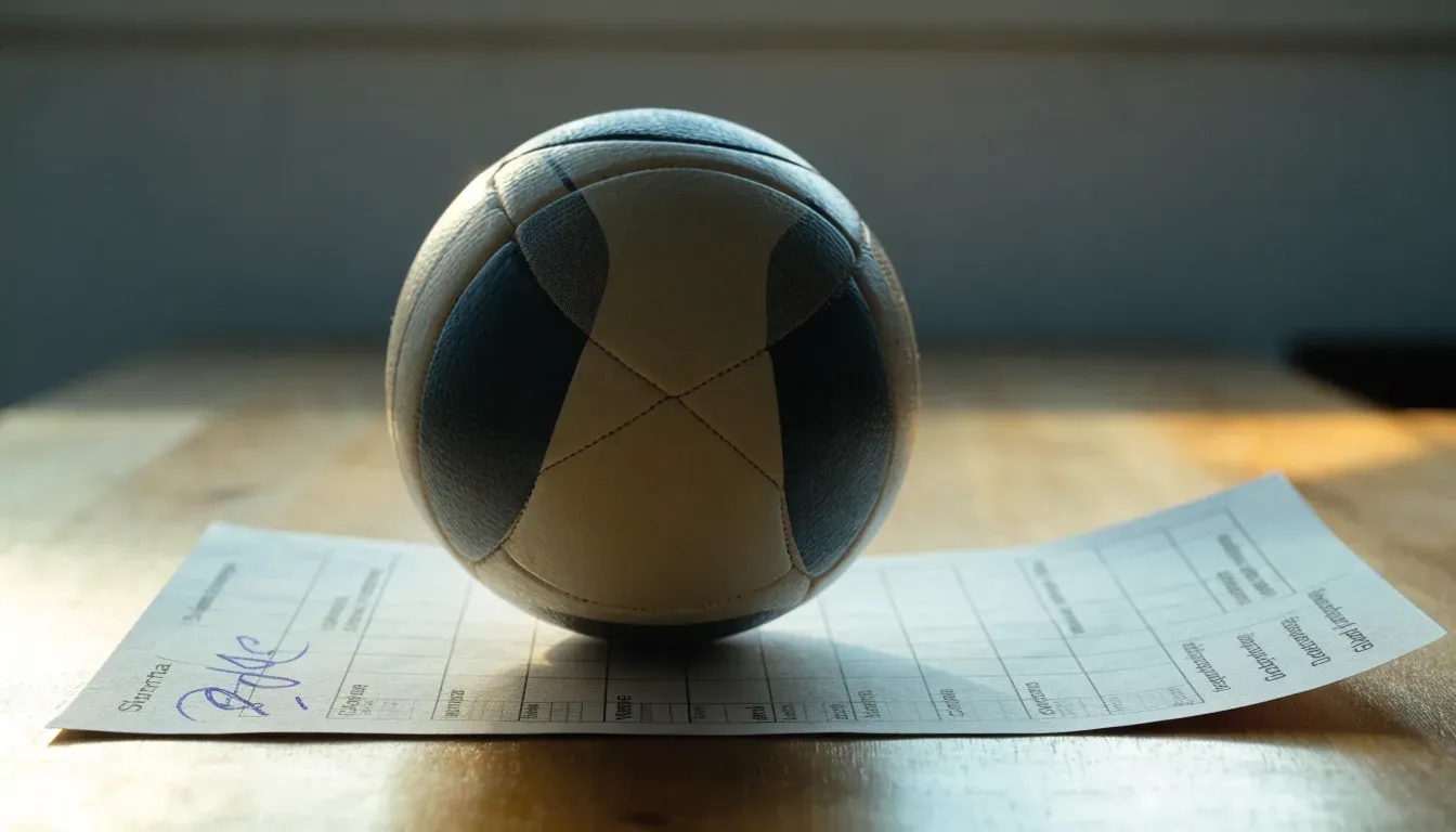Un pallone da calcio appoggiato su una schedina bianca su un tavolo di legno, alla luce del giorno