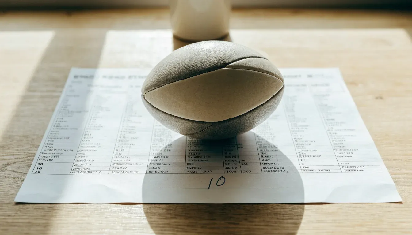 Un pallone da calcio appoggiato su una schedina bianca su un tavolo di legno, alla luce del giorno