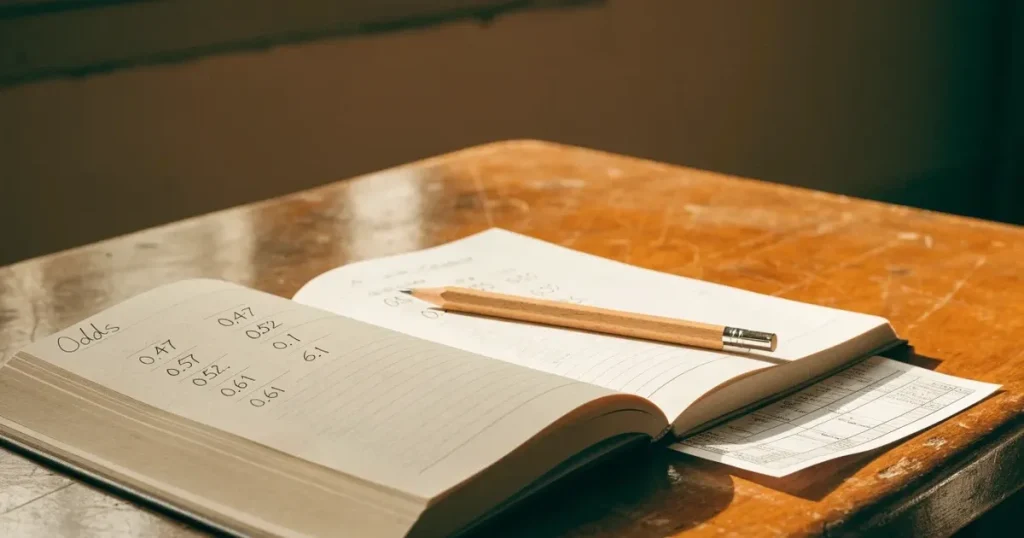 Un quaderno aperto con quote scritte a mano, una calcolatrice e una matita su un tavolo di legno