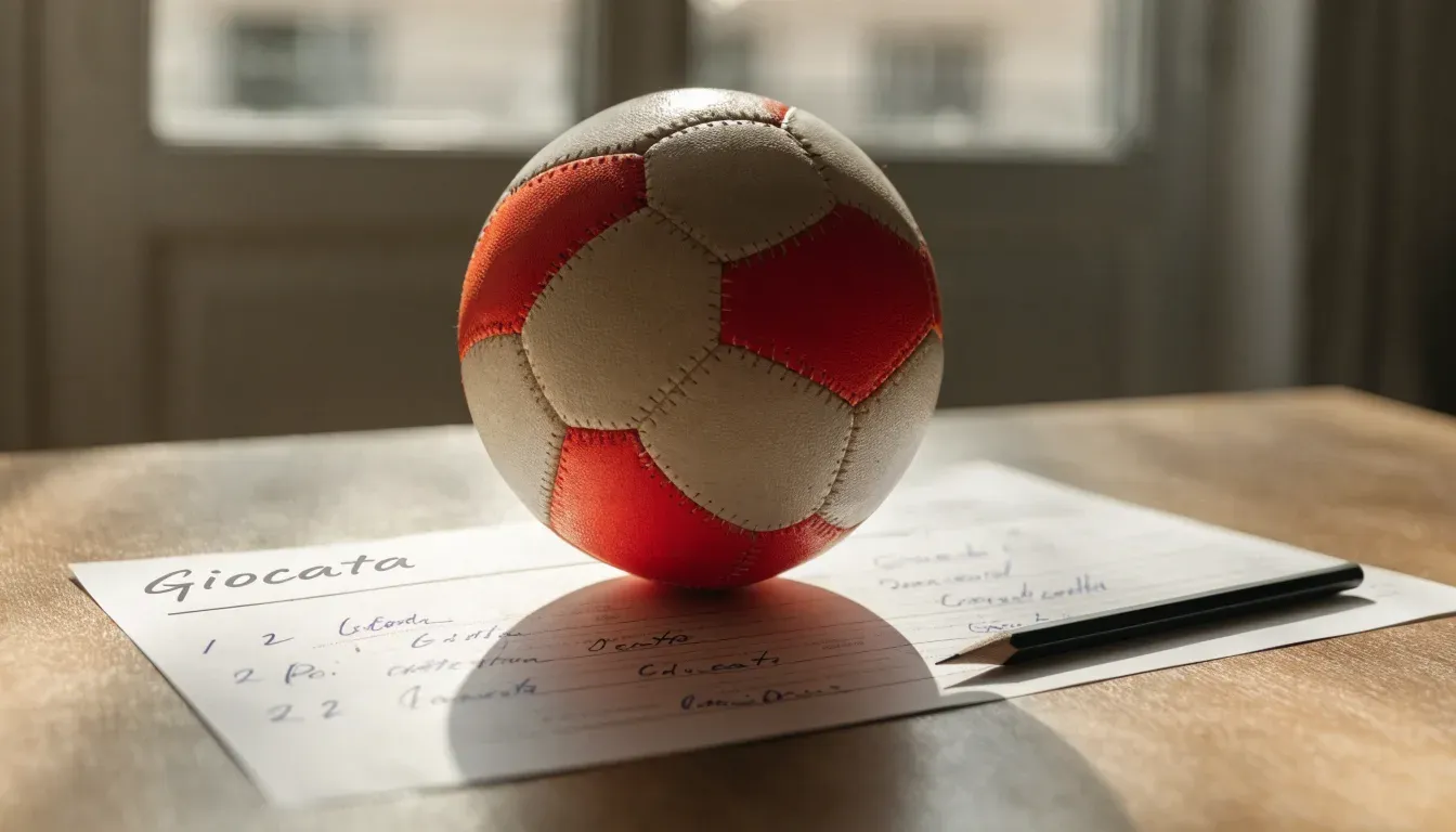 Un pallone da calcio appoggiato su una schedina bianca su un tavolo di legno, alla luce del giorno
