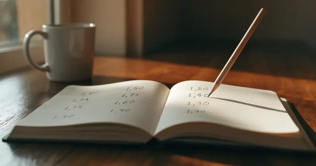 Un quaderno aperto con quote scritte a mano, una calcolatrice e una matita su un tavolo di legno