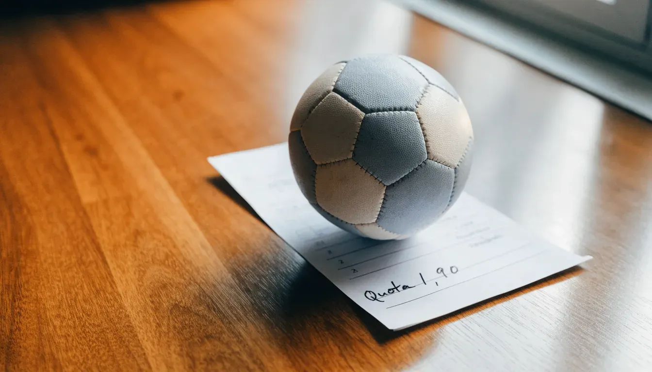 Un pallone da calcio appoggiato su una schedina bianca su un tavolo di legno, alla luce del giorno