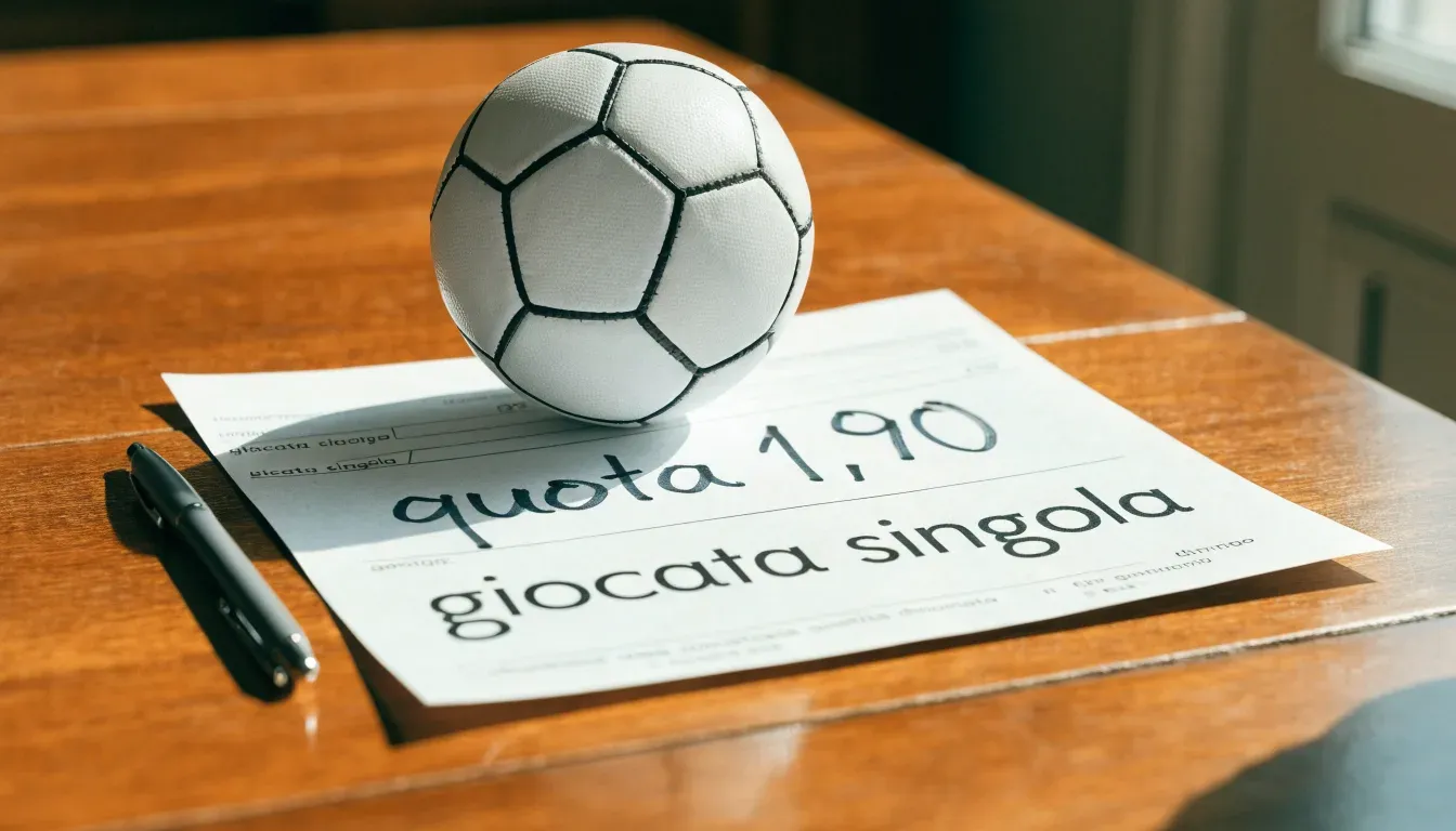 Un pallone da calcio appoggiato su una schedina bianca su un tavolo di legno, alla luce del giorno